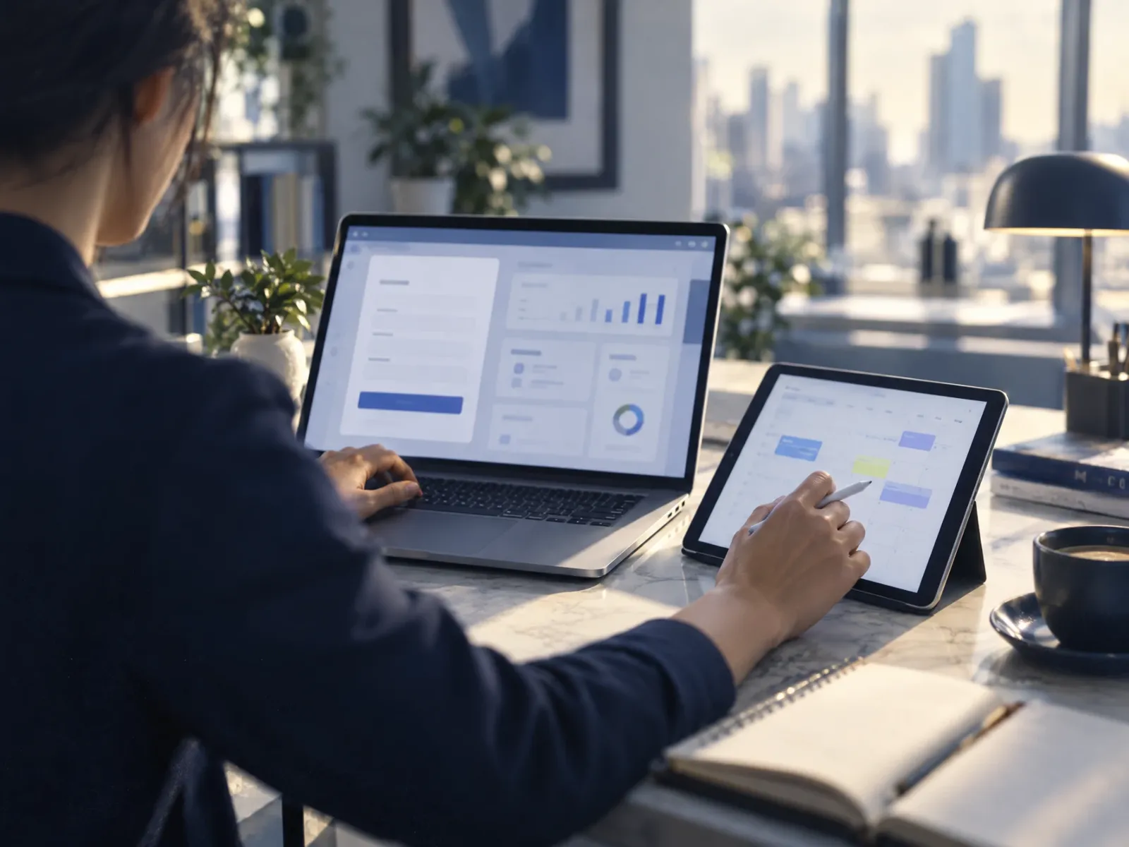 Professionnelle utilisant une plateforme d’inscription et un agenda en ligne sur ordinateur et tablette